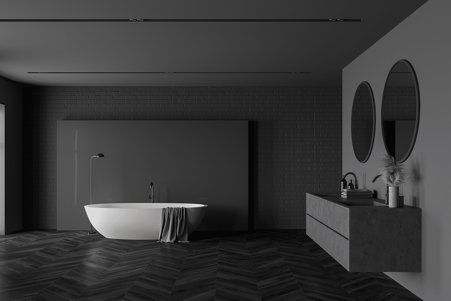 Minimalistisches Badezimmer mit freistehender Badewanne und modernen Akzenten Minimalistisches Badezimmer mit freistehender Badewanne in dunklen Farbtönen